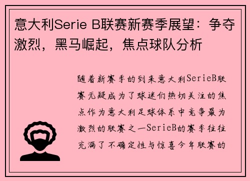 意大利Serie B联赛新赛季展望：争夺激烈，黑马崛起，焦点球队分析
