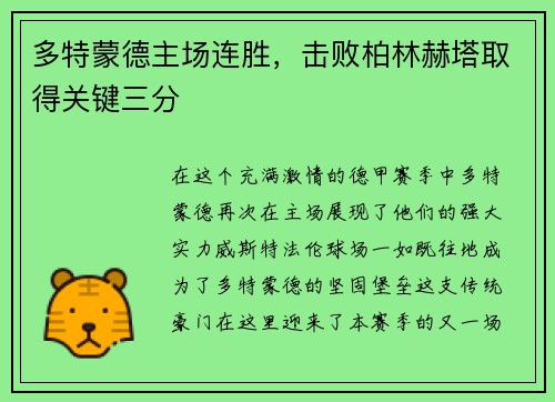 多特蒙德主场连胜，击败柏林赫塔取得关键三分