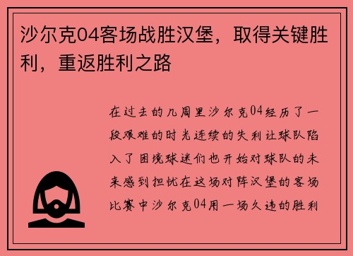沙尔克04客场战胜汉堡，取得关键胜利，重返胜利之路
